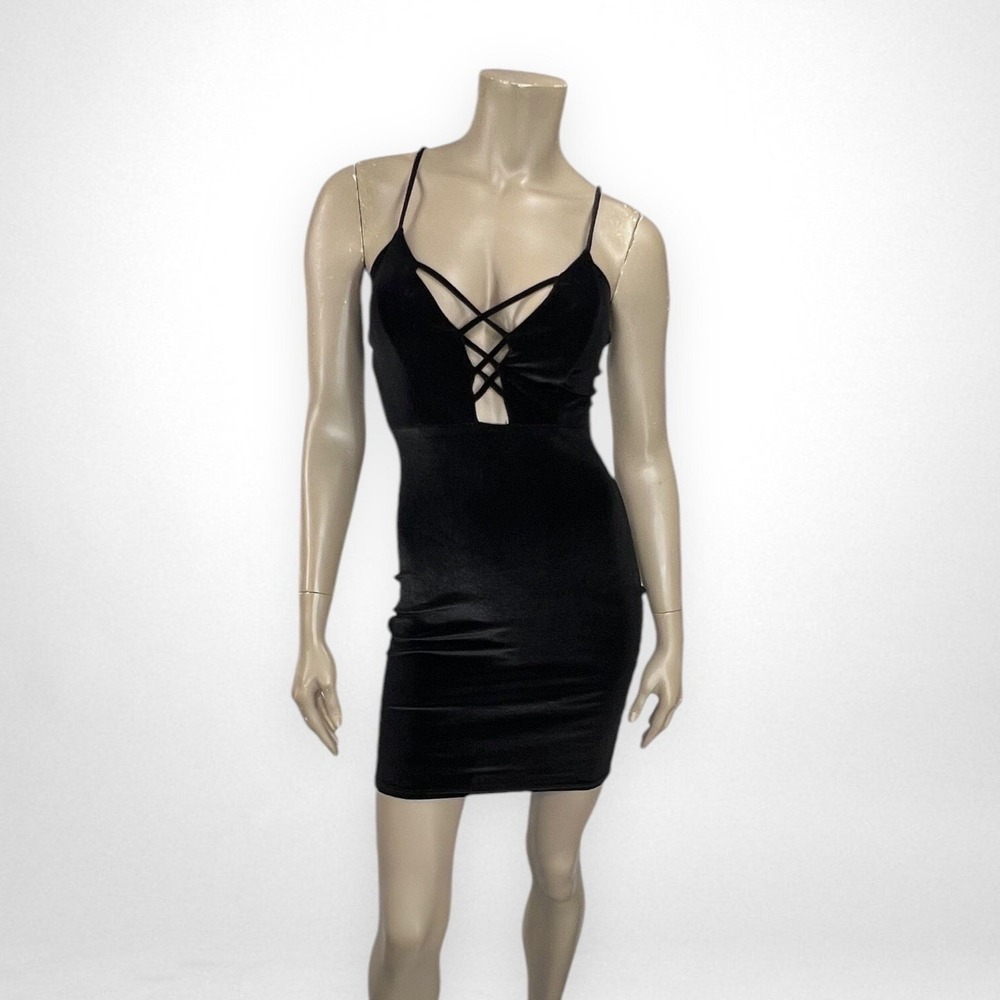 A+ ELLEN Small Strappy Black Velvet Bodycon Dress Clubbing Party